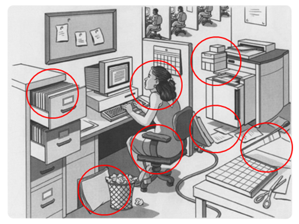 Woman in an office with seven hazards around her.