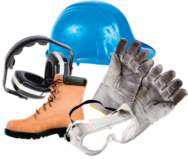 Collage of various safety wear such as hard cat, safety boots, gloves, ear muffs and plastic safety goggles.