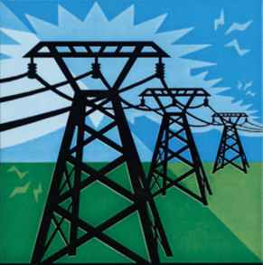 Title: Power lines #1 - Description: Illustration of large outdoor electric power lines in a field.