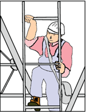 Title: Extension ladder - Description: Illustration of a construction worker climbing up an extension ladder.
