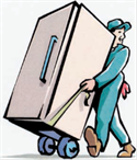 Worker using a cart to move a refrigerator more easily.