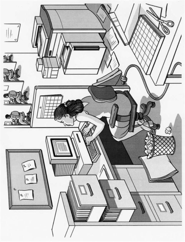Title: Find the office hazards - Description: Illustration of a girl in an office cubicle surrounded by various safety hazards such as open cabinet drawers, loose plugs, cluttered trash bin, and open paper cutter.