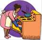 Title: A woman cooking dinner - Description: Illustration of a woman taking ham out of the oven for dinner.