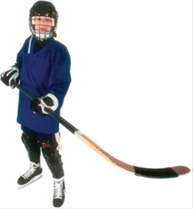 Boy playing hockey with helmet, gloves and protective knee pads on.