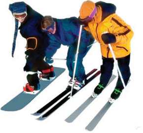 Three people skiing and snowboarding with all their protective eyewear and snowsuits on.