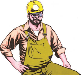 Miner wearing safety goggles and yelllow hard hat.