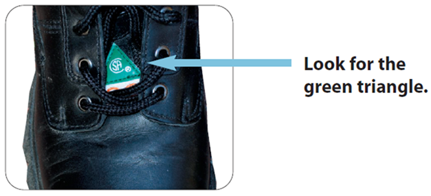 Title: Green triangle with 'SA' symbol - Description: Always look for the green triangle with the 'SA' symbol on safety boots and shoes.