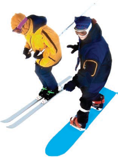 Two people skiing and snowboarding dressed well for the cold weather.