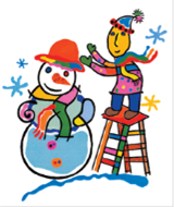 Title: Un homme fait un bonhomme de neige - Description: Illustration d'un homme se tenant sur le haut d'une chelle pour faire un bonhomme de neige 